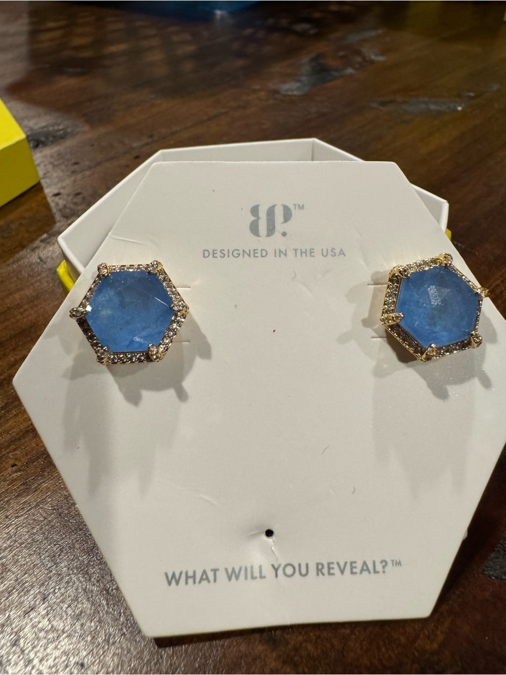 Hexagon Blue Stone Stud Earrings with Gold Rhinestone Halo